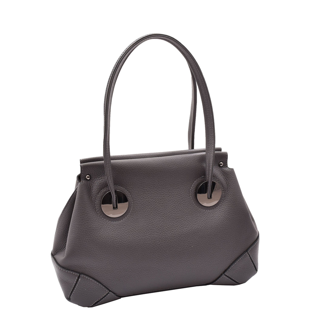 DR584 Women's Medium Tote Zip Shoulder Bag Leather Handbag Grey 2