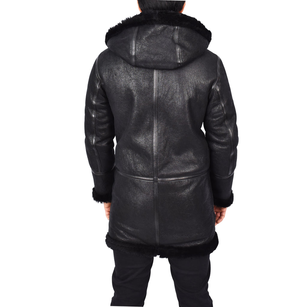 Mens Winter Sheepskin Hooded Duffel Coat ¾ Length Shearling Ronald Black 2