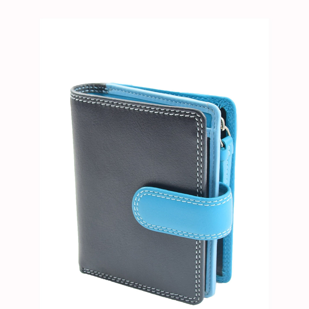 DR678 Ladies Genuine Leather Small Sized Zip Bi Fold Purse Blue Multi 2