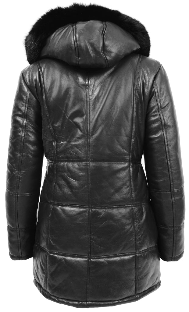 DR254 Women’s Leather 3/4 Length Puffer Coat Black 2