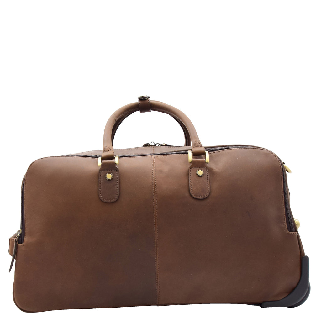 DR611 Premium Leather Overnight Wheeled Holdall Bag Brown 2