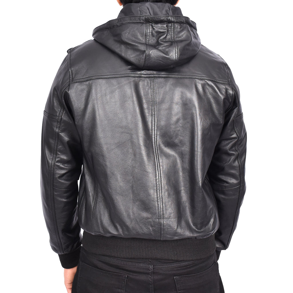 Men's Soft Sheep Nappa Leather Bomber Jacket Removable Hood Kent Black 2