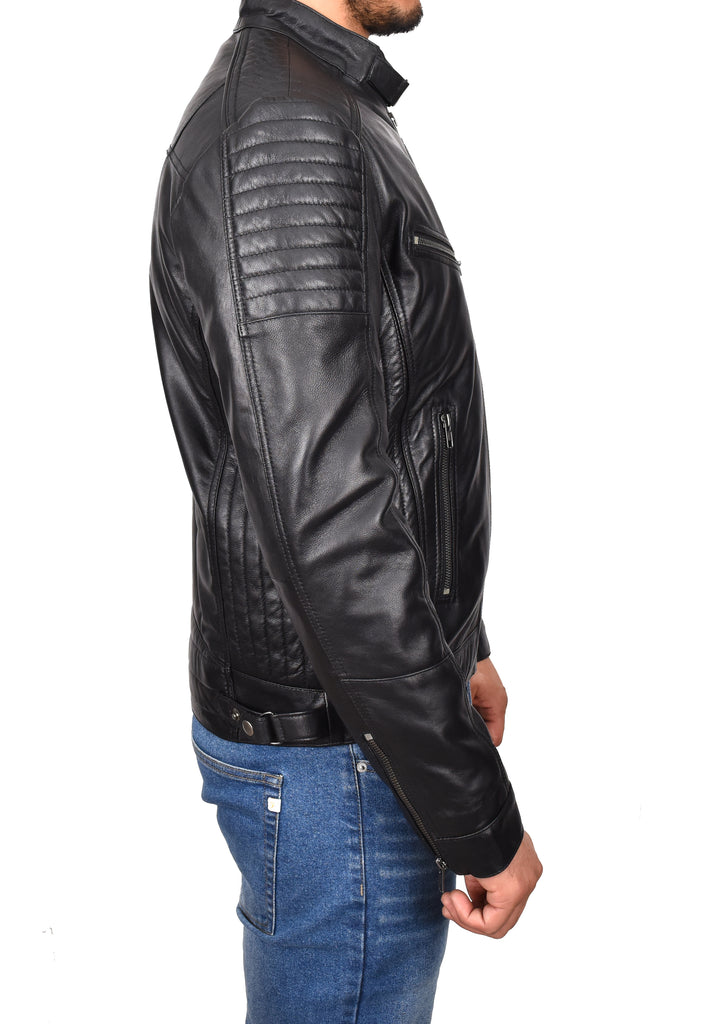 DR101 Men's Leather Cafe Racer Biker Jacket Black 2