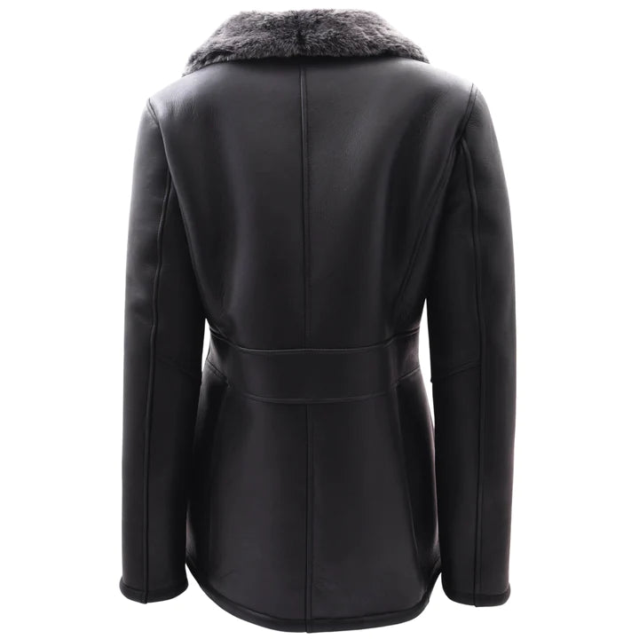 DR596 Women's Soft Sheepskin Double Breasted Fur Collar Coat Black 3