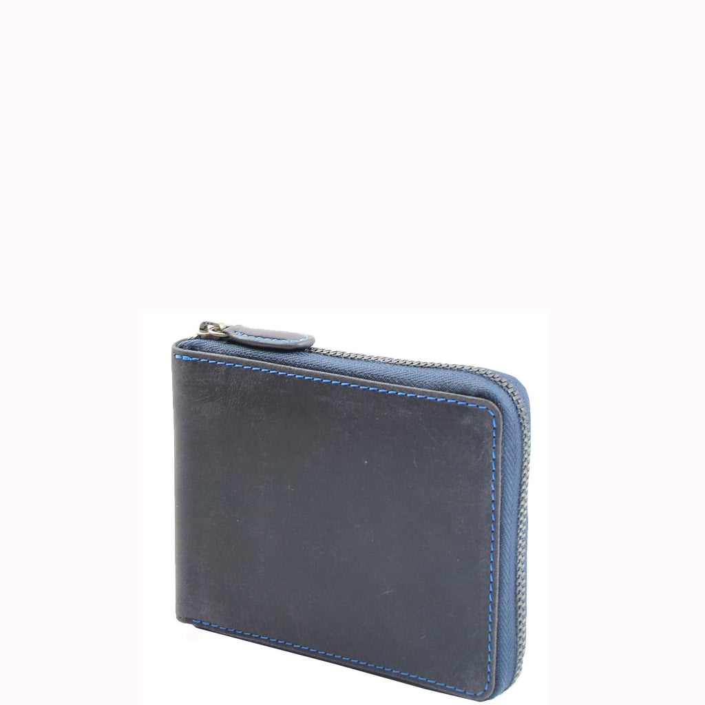 DR659 Men's Real Oiled Leather Round Zip RFID Wallet Blue 2