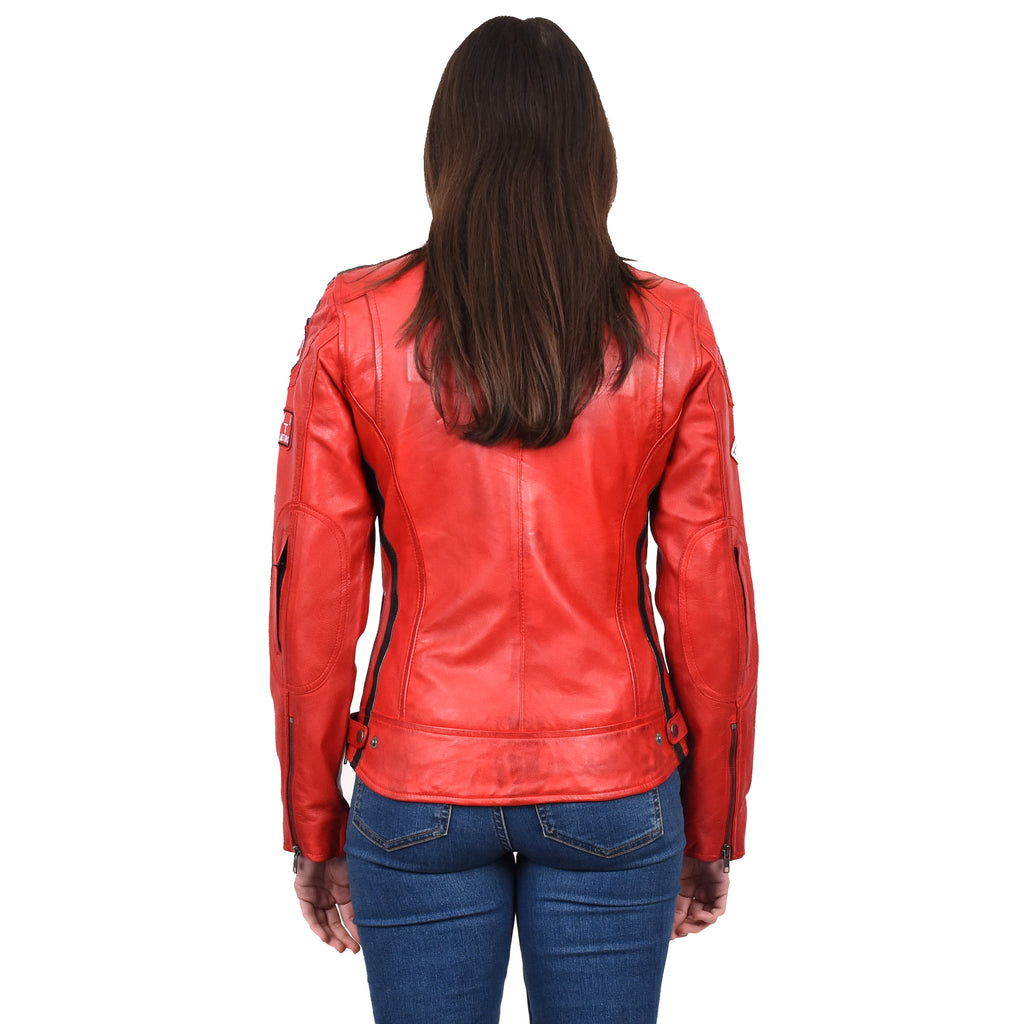 Women's Genuine Leather Biker Racing Badges Jacket Café Racer Red Rayne 2