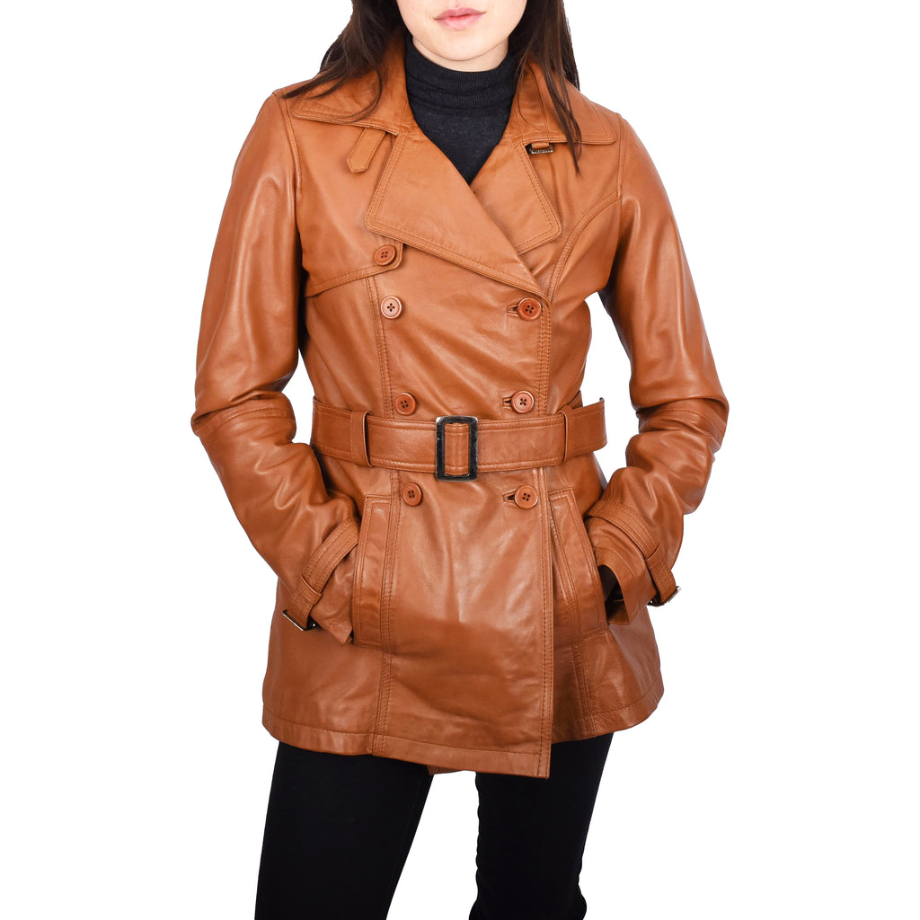 Women's Real Leather Buttoned Coat With Belt Tan GlamTrench 2