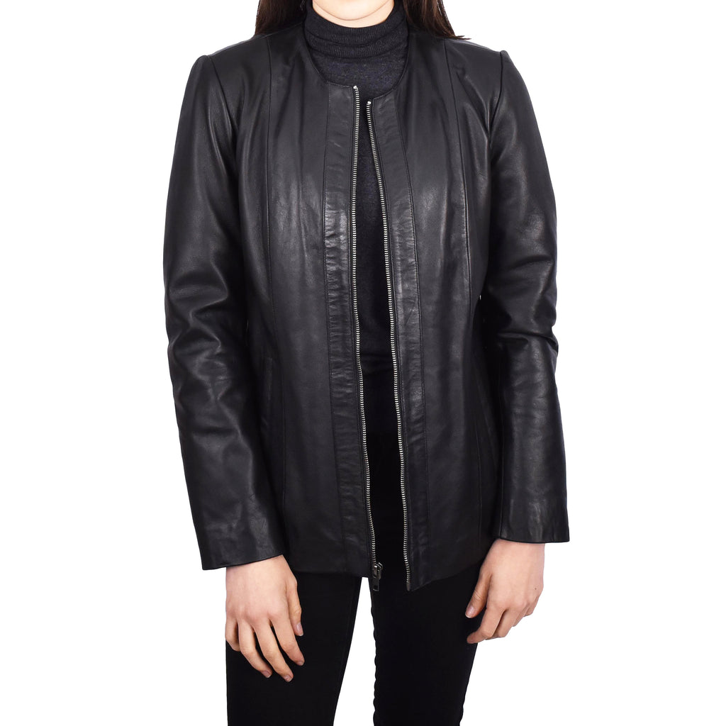 Women's Collarless Biker Real Leather Jacket Black Eclipse 1