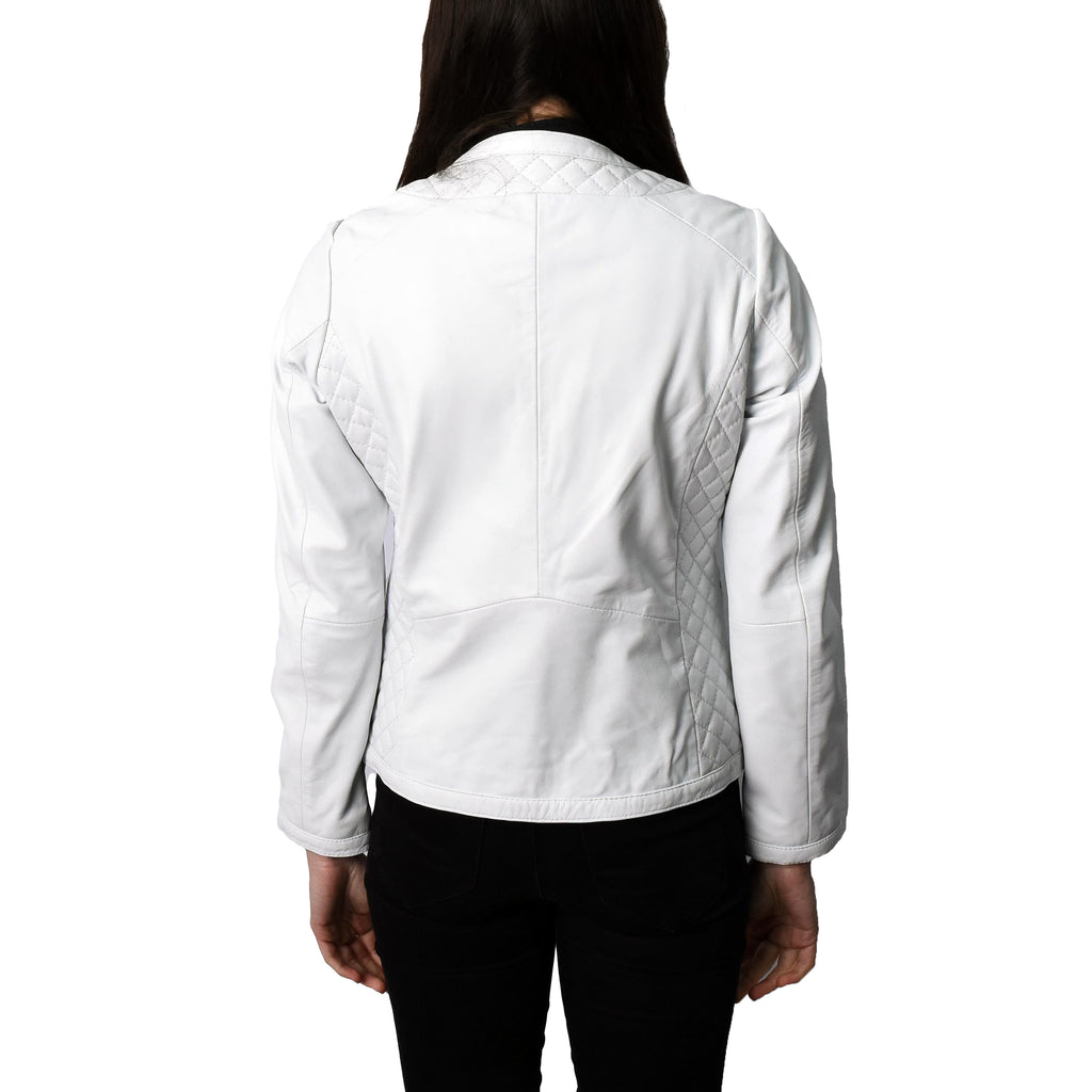 Women's Real Leather Smart Quilted Biker Style Jacket White Quiltara 2