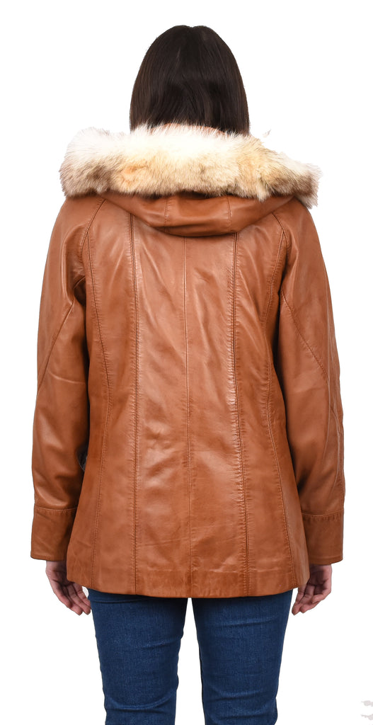 Women's Real Leather Coat with Fur Hood Winter Tan Chicora 2