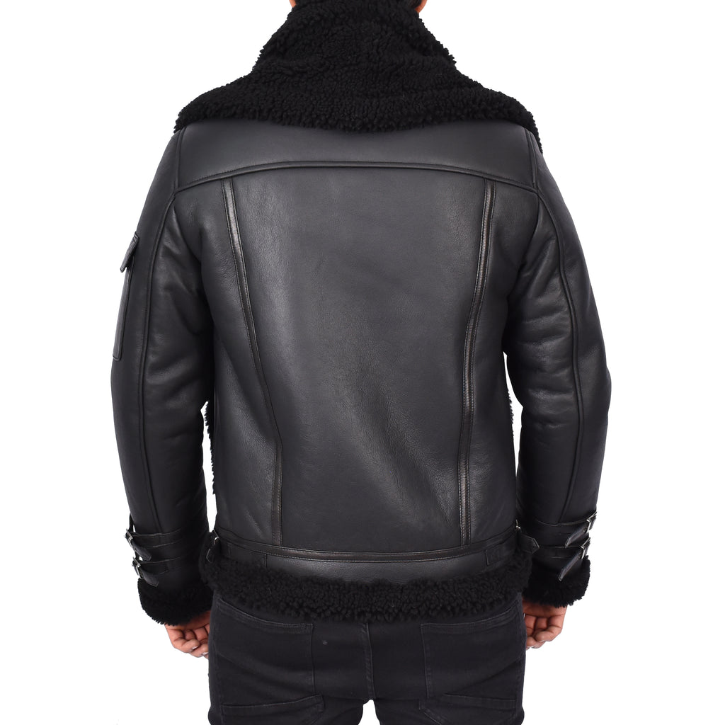 Mens Retro Biker Real Sheepskin Jacket Motorcycle Style Magnus Black 2