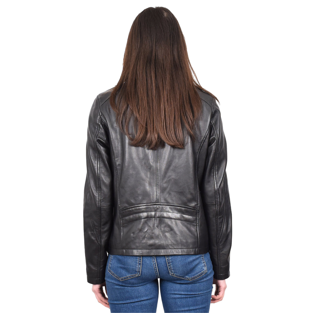 Women's Classic Box Zip Up Biker Genuine Leather Jacket Raven Black 2