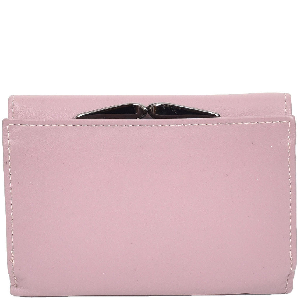 DR687 Women's Soft Leather Trifold Metal Frame Purse Lilac 2