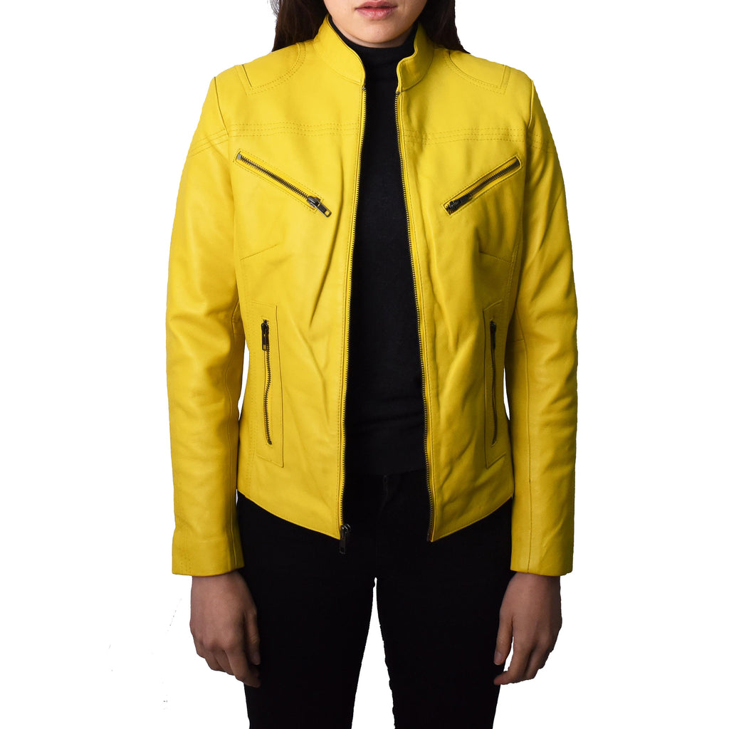 Ladies Classic Casual Biker Real Leather Jacket Yellow MotoBliss 4