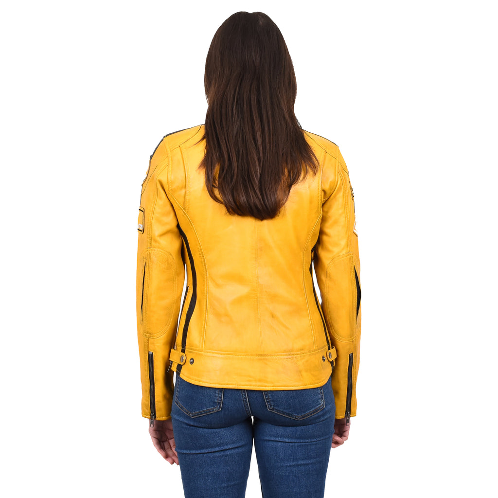 Women's Genuine Leather Biker Racing Badges Jacket Café Racer Yellow Rayne 2