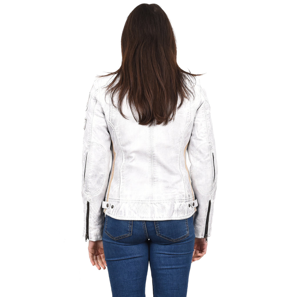 Women's Genuine Leather Biker Racing Badges Jacket Café Racer White Rayne 2