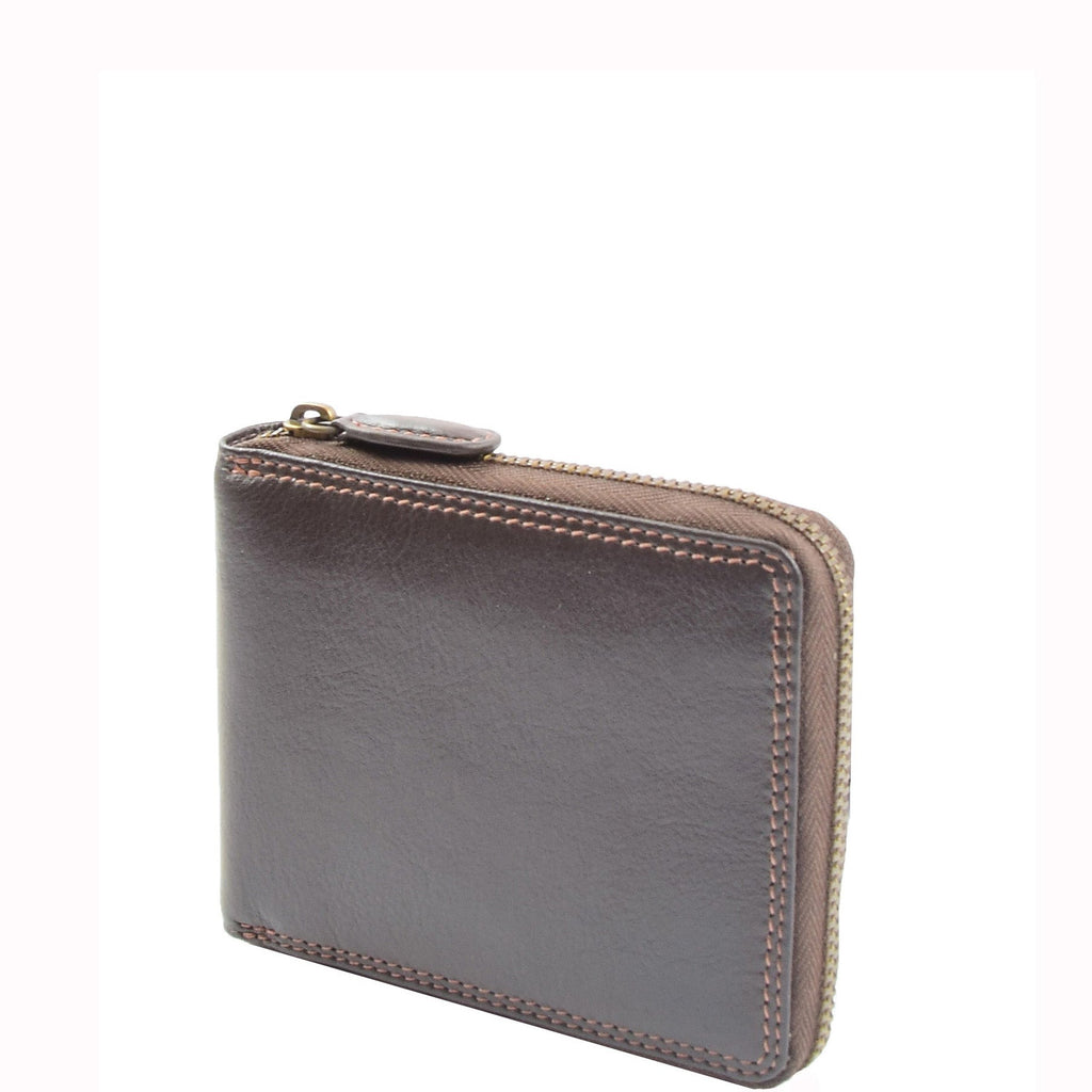 DR660 Men's Soft Genuine Leather Zip Around RFID Wallet Brown 2