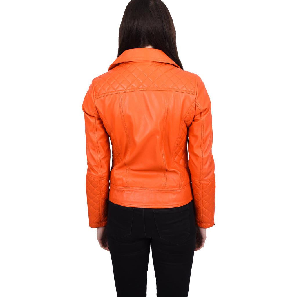 Women's Real Leather Biker Jacket with Quilt Detail Orange Motoquilt 4