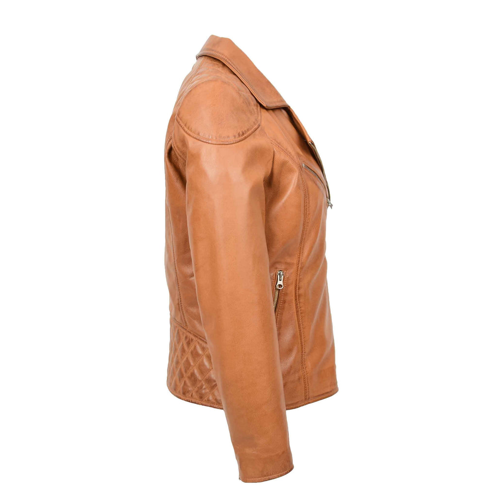 DR570 Women's Cross Zip Pocketed Real Leather Biker Jacket Tan 5