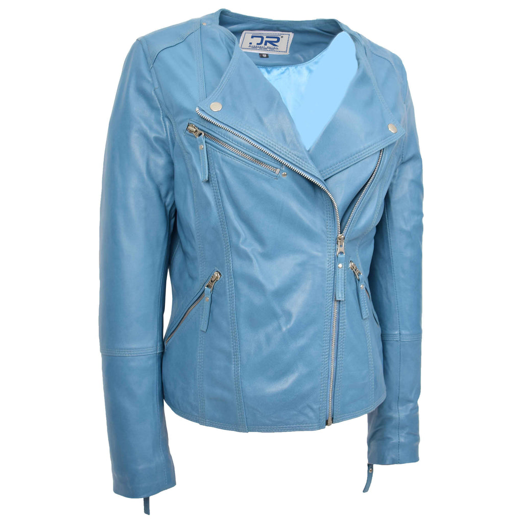 DR572 Women's Casual Cross Zip Leather Jacket Teal 3