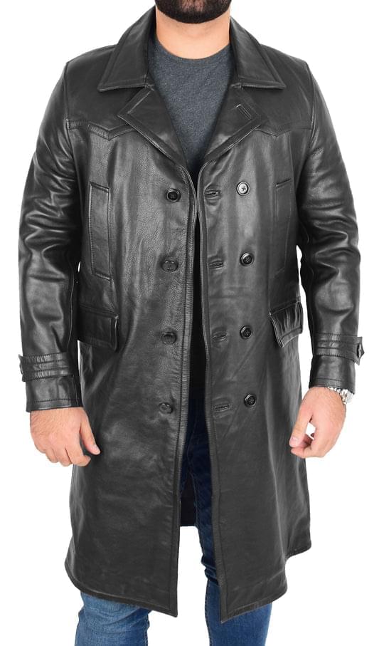 DR102 Men’s Trench Leather Coat 3/4 Long Overcoat Black 3