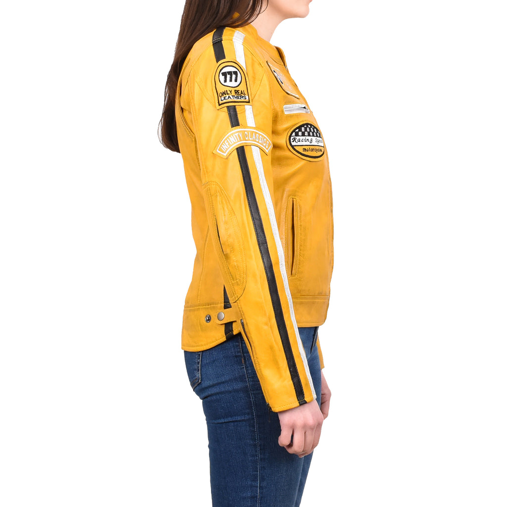 Women's Genuine Leather Biker Racing Badges Jacket Café Racer Yellow Rayne 3