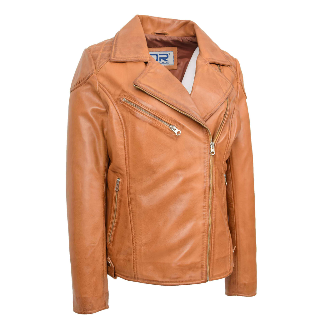 DR570 Women's Cross Zip Pocketed Real Leather Biker Jacket Tan 6