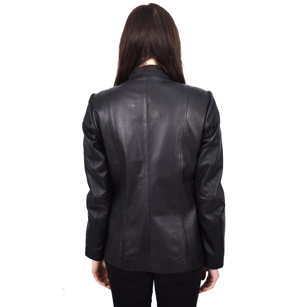 Women's Collarless Biker Real Leather Jacket Black Eclipse 2