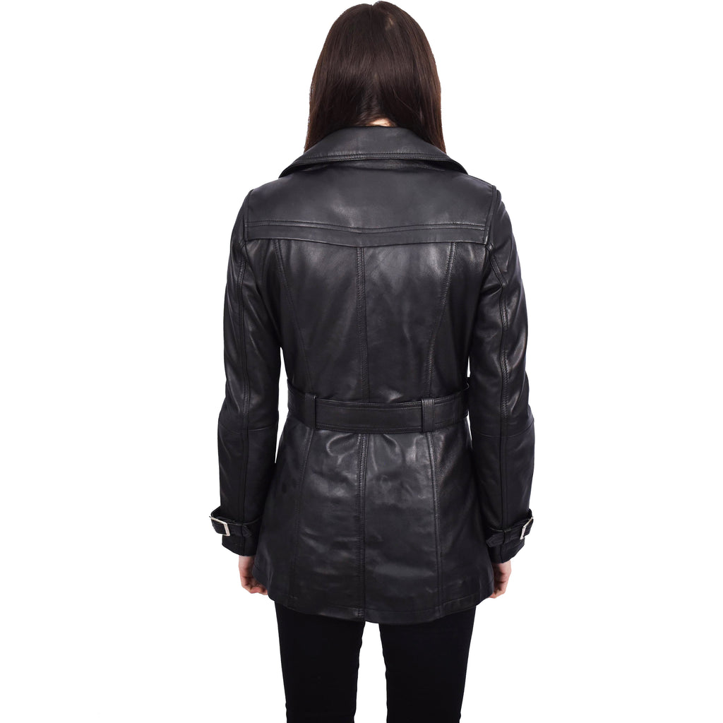 Women's Real Leather Buttoned Coat With Belt Black GlamTrench 2