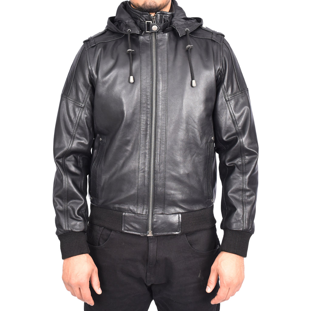 Men's Soft Sheep Nappa Leather Bomber Jacket Removable Hood Kent Black 3