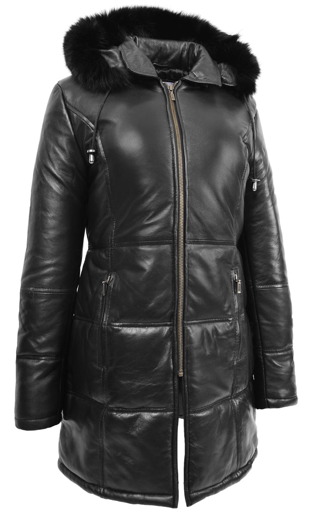 DR254 Women’s Leather 3/4 Length Puffer Coat Black 3