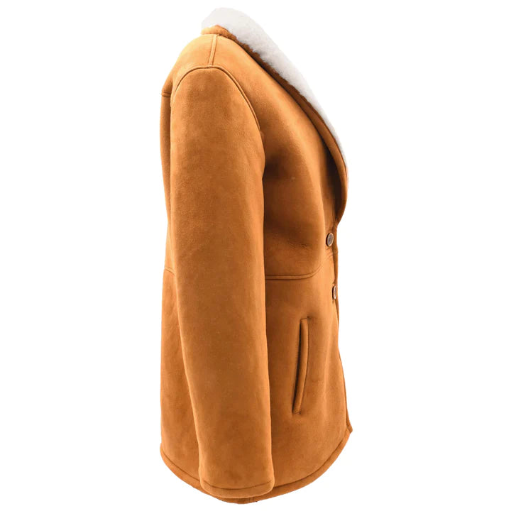 DR595 Womens Real Sheepskin Coat Mid Length White Fur Colure Tan 3