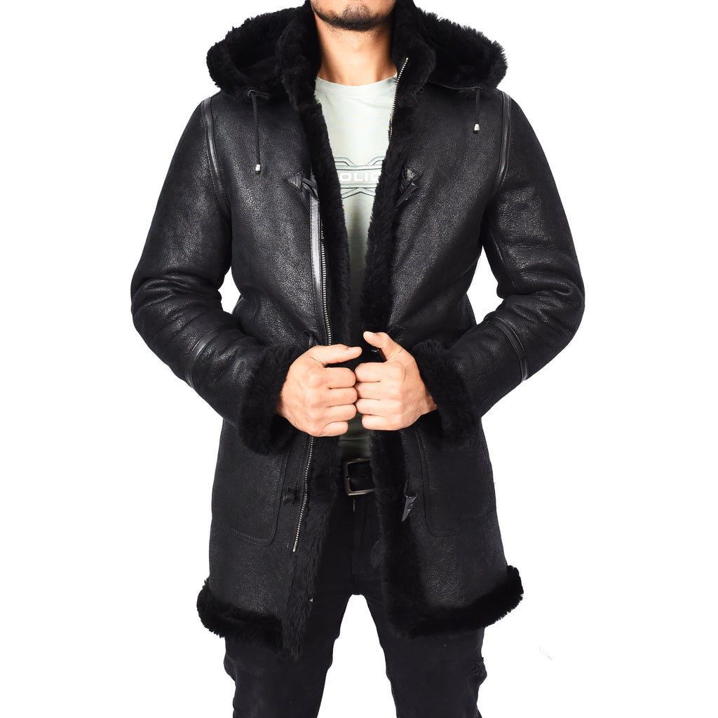 Mens Winter Sheepskin Hooded Duffel Coat ¾ Length Shearling Ronald Black 3