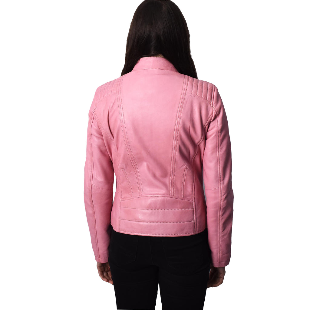 Women's Real Leather Classic Biker Jacket Pink Bikera 3