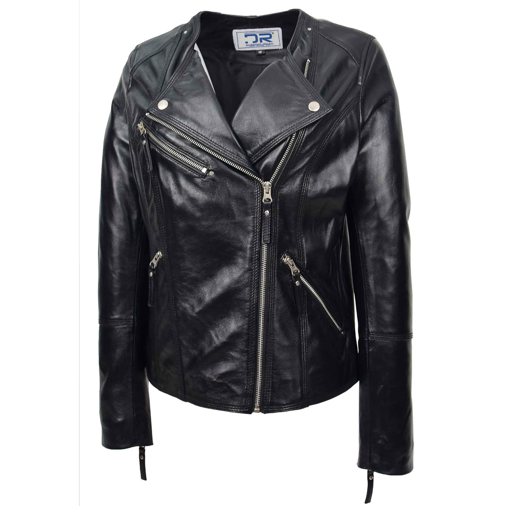 DR572 Women's Casual Cross Zip Leather Jacket Black 3