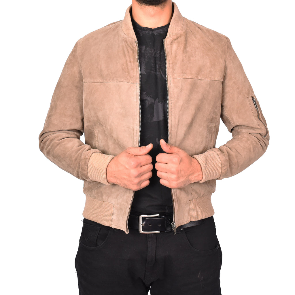 Mens Genuine Goat Suede MA-1 Bomber Jacket Varsity Style Thorin Beige 3