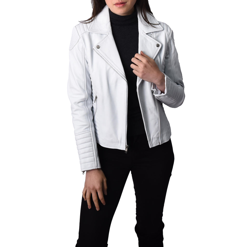 Women's Soft Leather Cross Zip Biker Jacket White Eleganza 3