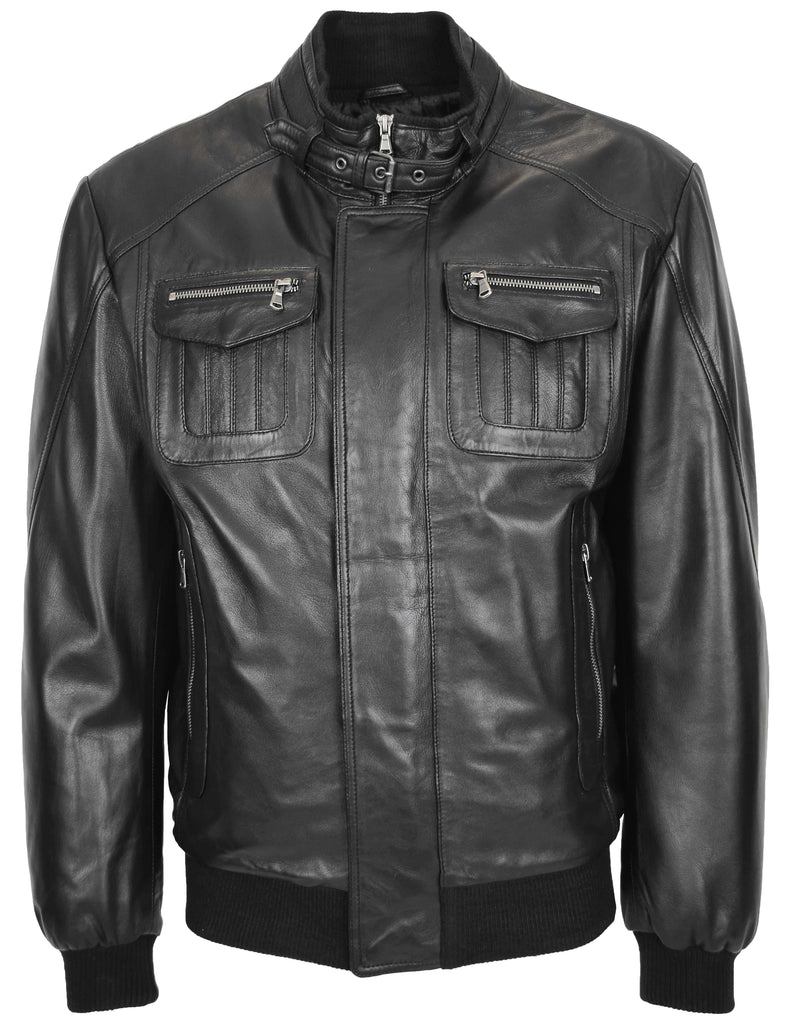 DR110 Men's Bomber Style Leather Jacket Black 2