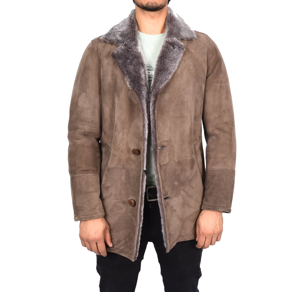 Mens Luxury Merino Sheepskin Classic Car Coat Shearling Walter Taupe 3