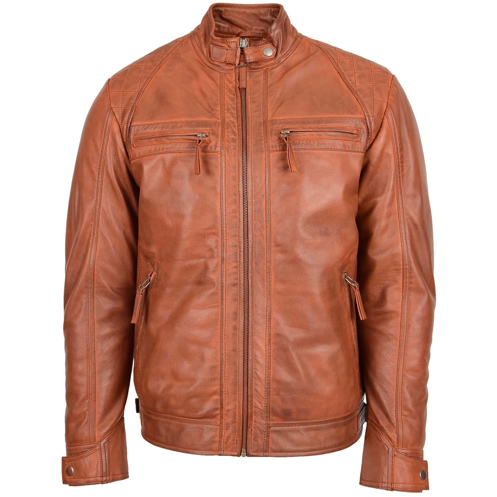 DR117 Men's Biker Leather Jacket Cognac 2