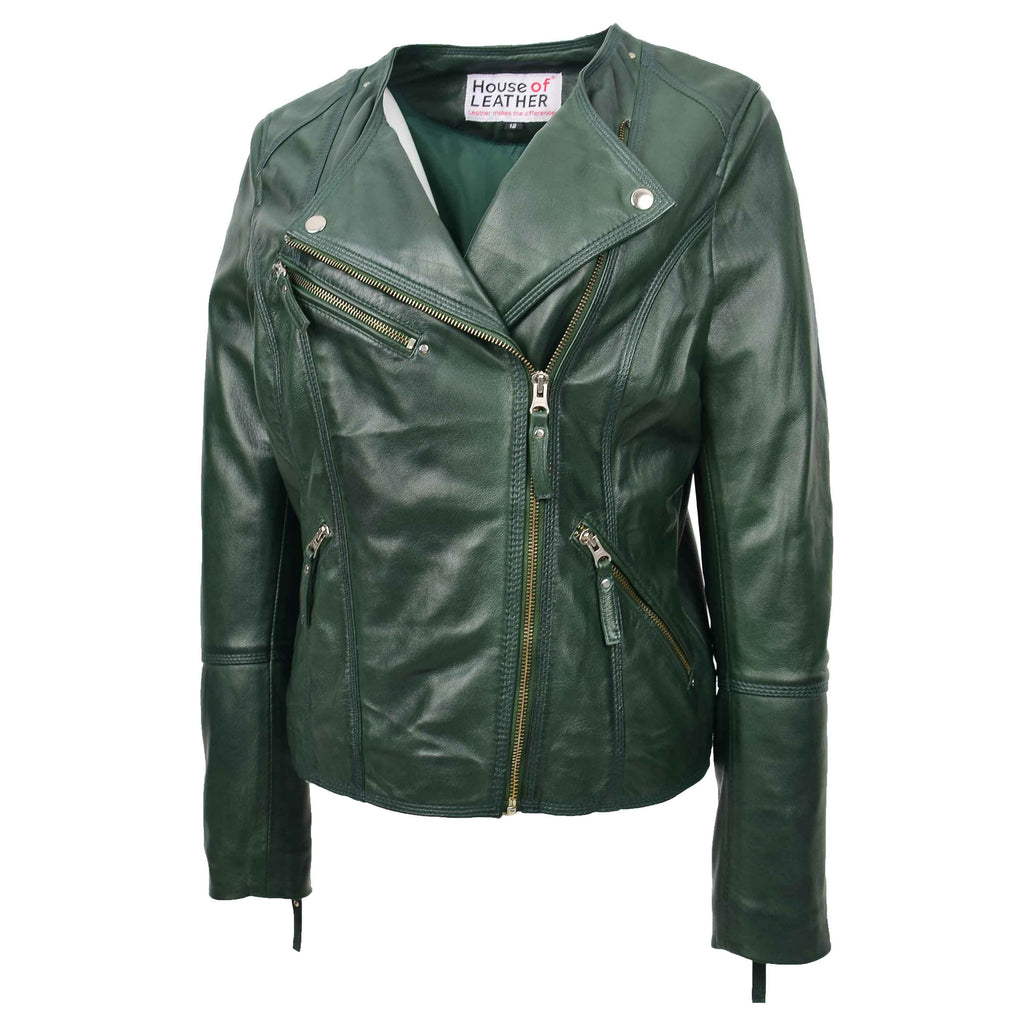 DR572 Women's Casual Cross Zip Leather Jacket Green 3