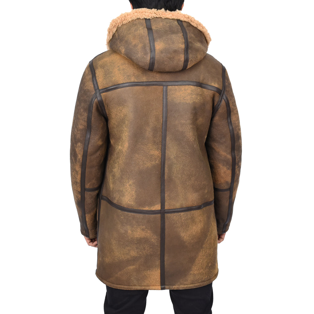 Mens Winter Antique Sheepskin Duffle Coat ¾ Length Shearling Duncan Brown 3