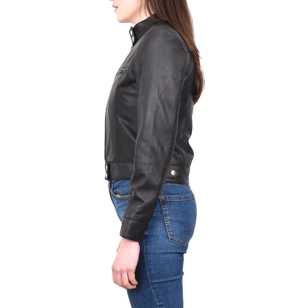 Women's Real Leather Biker Jacket Band Collar Short Slim Fit Trine Black 7