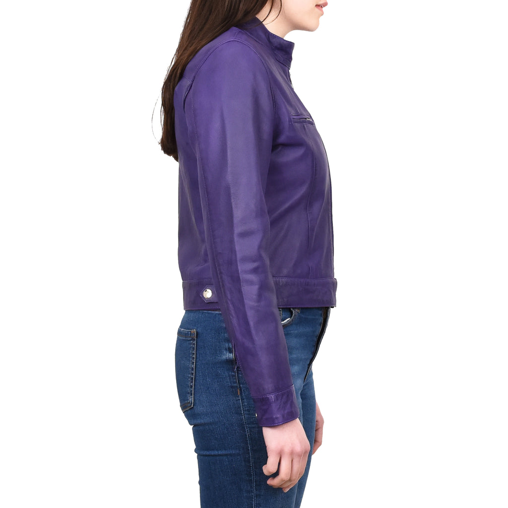 Women's Real Leather Biker Jacket Band Collar Short Slim Fit Trine Purple 3