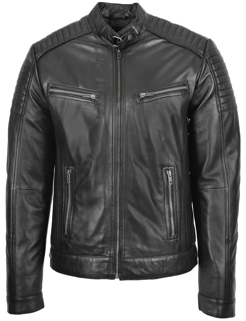 DR101 Men's Leather Cafe Racer Biker Jacket Black 3