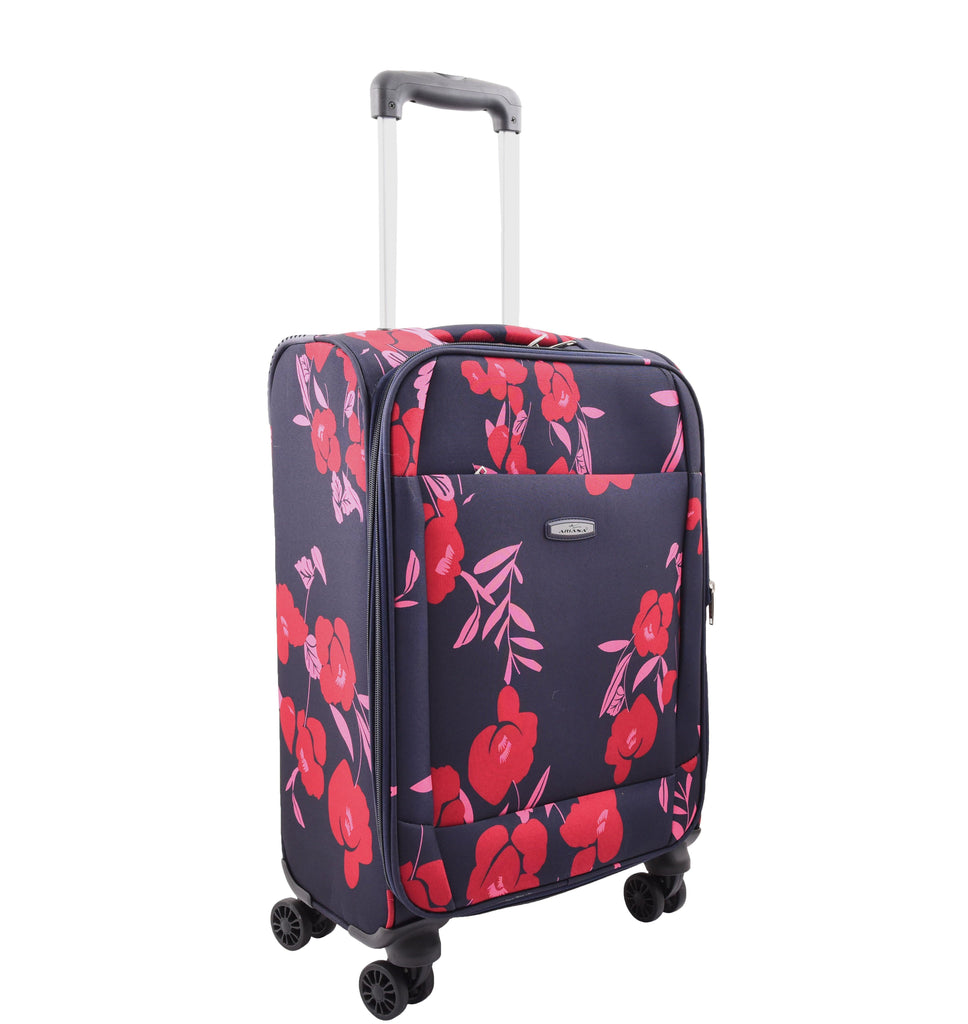 DR630 Soft Shell 4 Wheel Flower Print Expandable Cabin Suitcase Navy 3