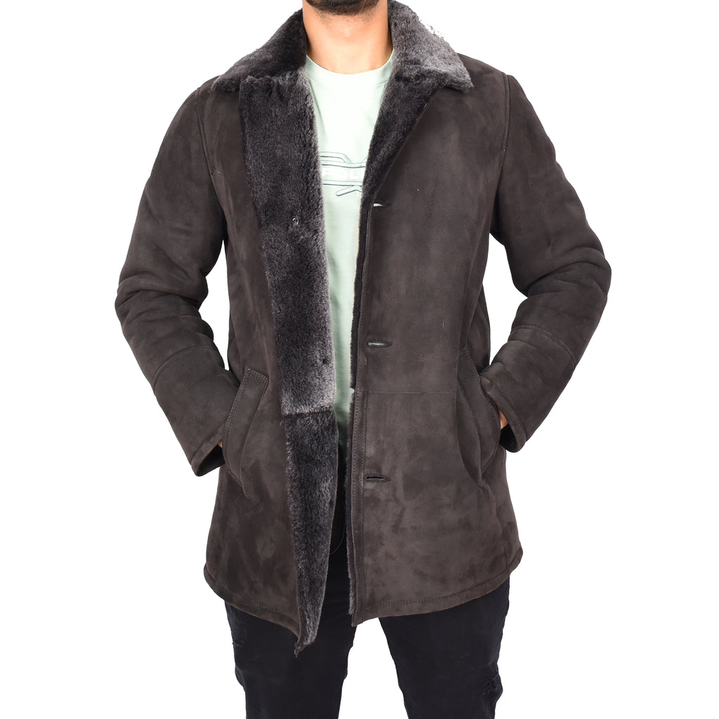 Mens Luxury Merino Sheepskin Classic Car Coat Shearling Walter Brown 3