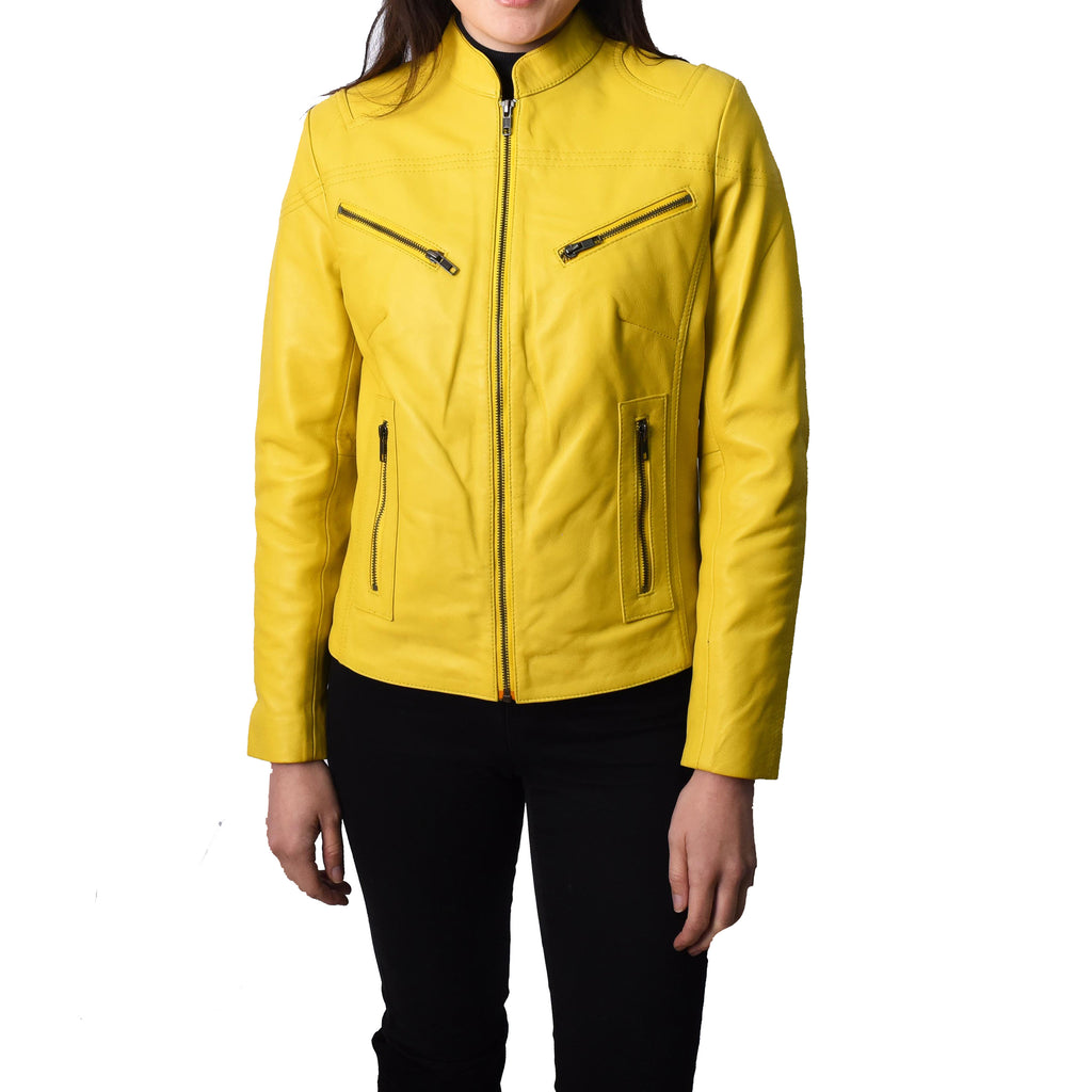 Ladies Classic Casual Biker Real Leather Jacket Yellow MotoBliss 3