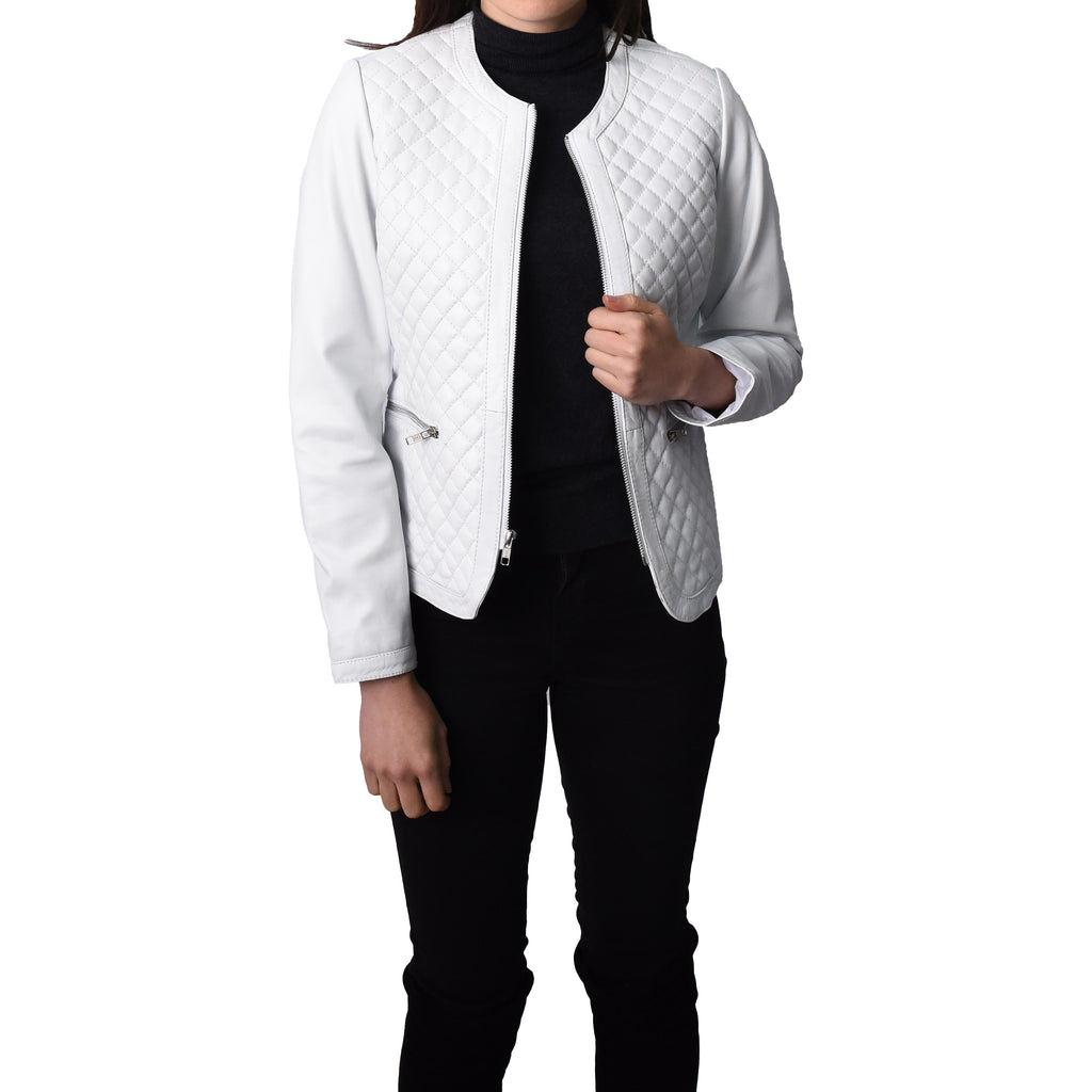 Women's Real Leather Smart Quilted Biker Style Jacket White Quiltara 3