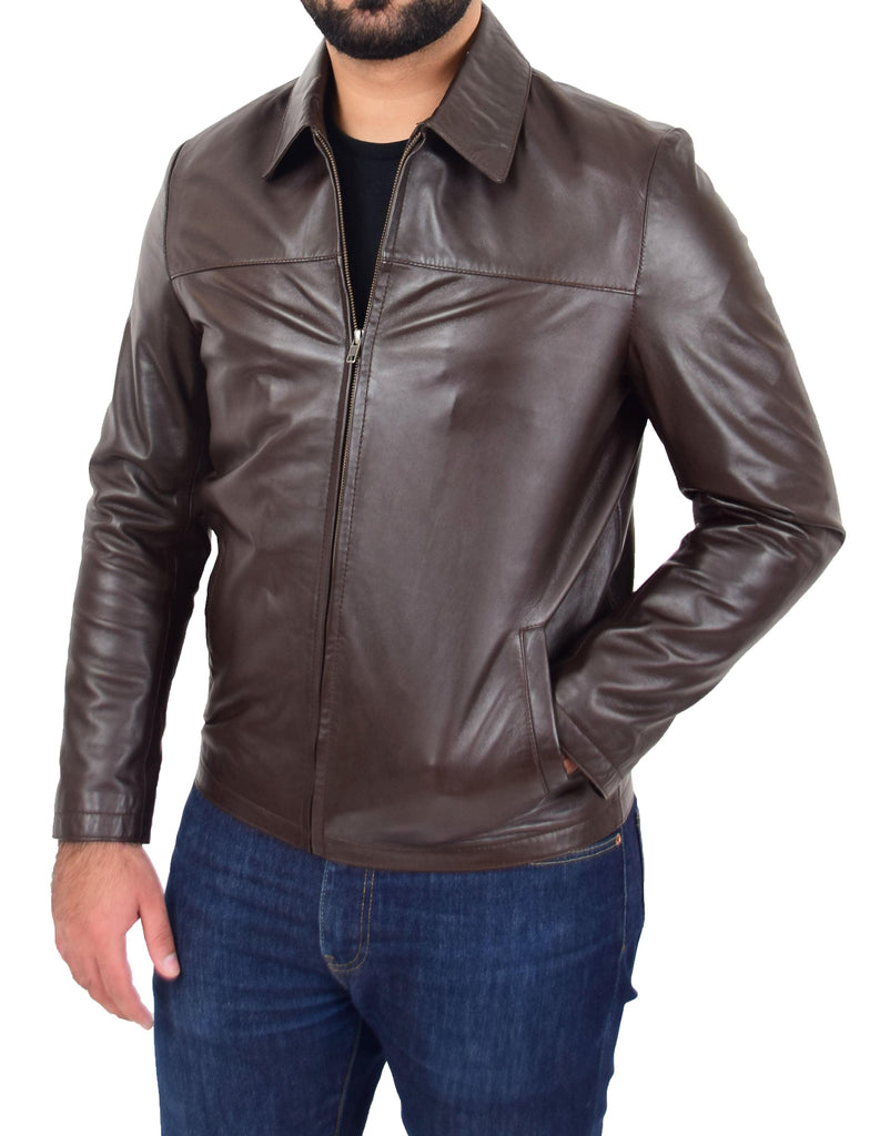 DR104 Men's Classic Zip Box Leather Jacket Brown 2